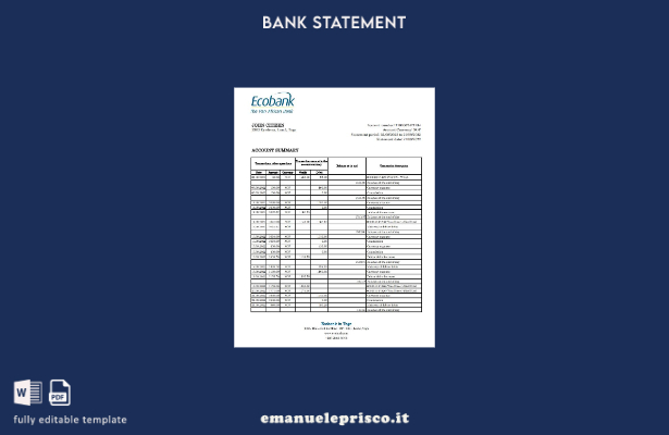 modello Excel di estratto conto bancario Togo Ecobank in stile verificato